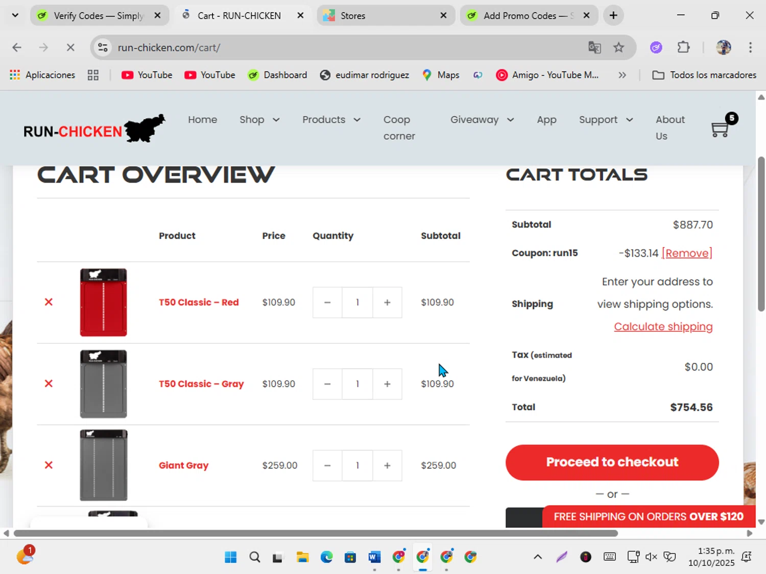 RUN-CHICKEN promo code screenshot showing code RUN15 applied at RUN-CHICKEN checkout page. Uploaded by SimplyCodes community member ShrewdSeeker5445 on Oct 10, 2025