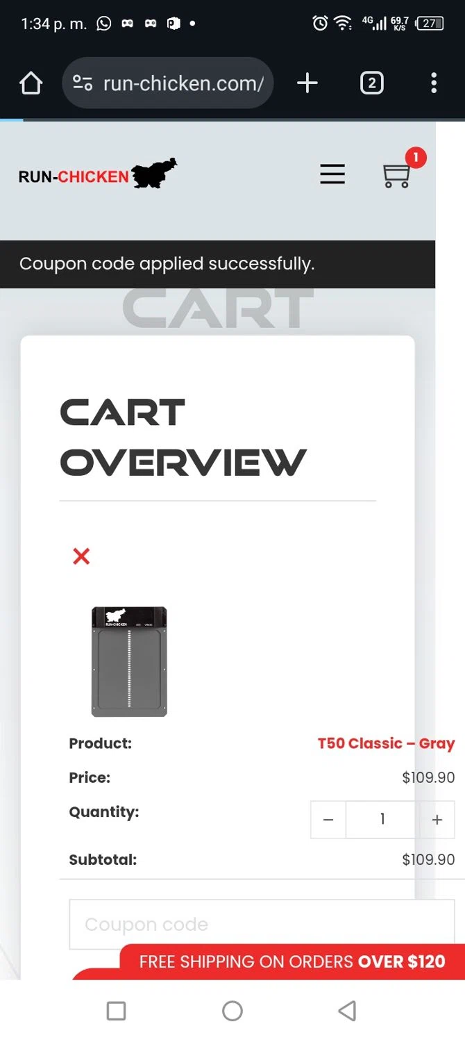 RUN-CHICKEN promo code screenshot showing code RUN15 applied at RUN-CHICKEN checkout page. Uploaded by SimplyCodes community member billgates0997923425561 on Oct 10, 2025