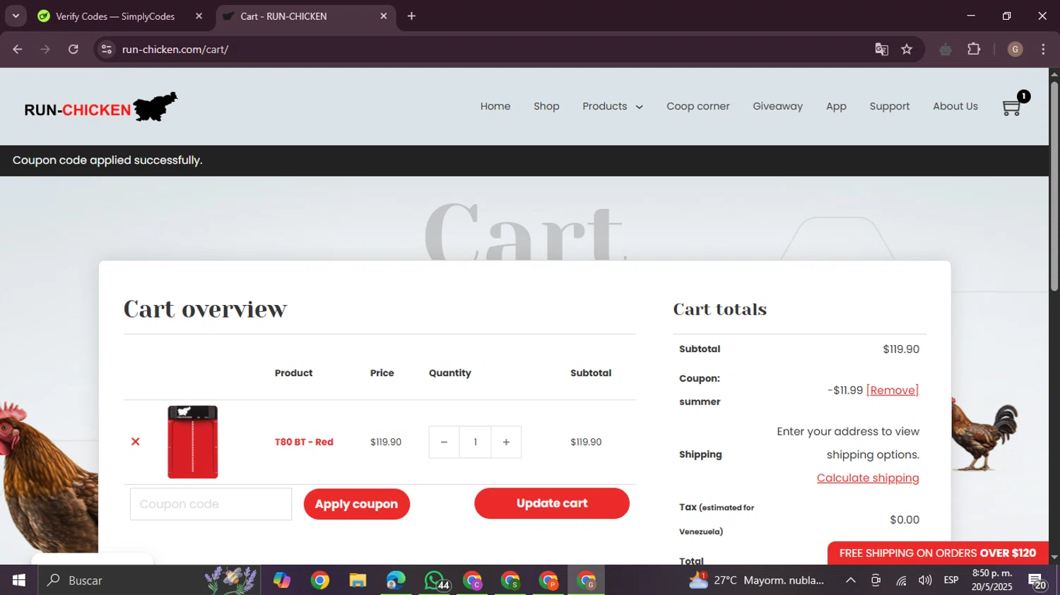 RUN-CHICKEN promo code screenshot showing code SUMMER applied at RUN-CHICKEN checkout page. Uploaded by SimplyCodes community member BrilliantTracker4207 on May 21, 2025