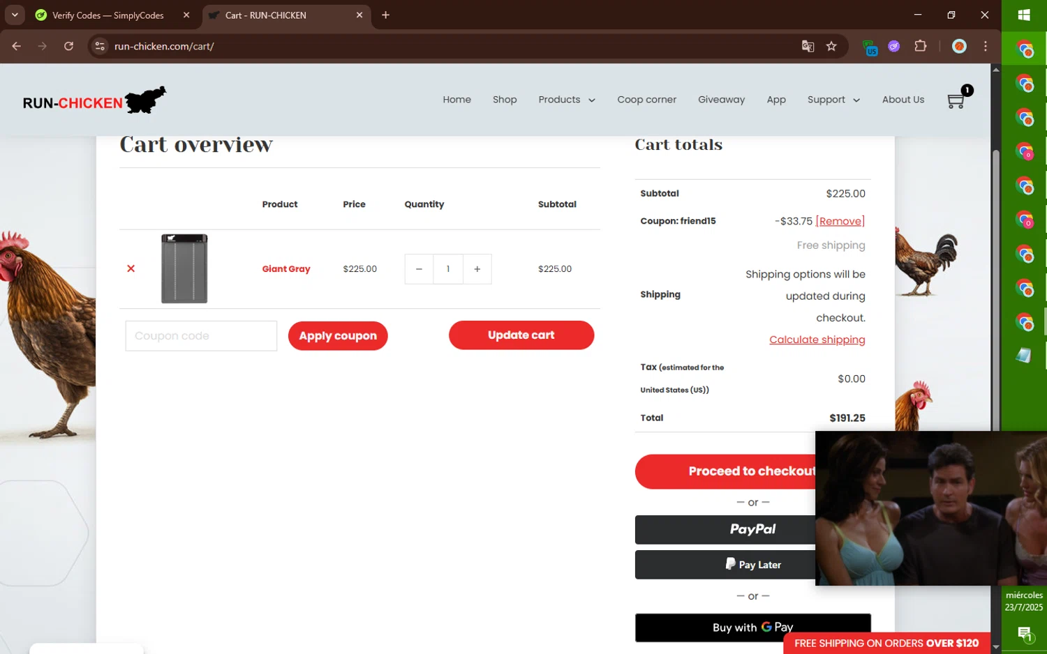 RUN-CHICKEN promo code screenshot showing code FRIEND15 applied at RUN-CHICKEN checkout page. Uploaded by SimplyCodes community member DealElite4728 on Jul 23, 2025