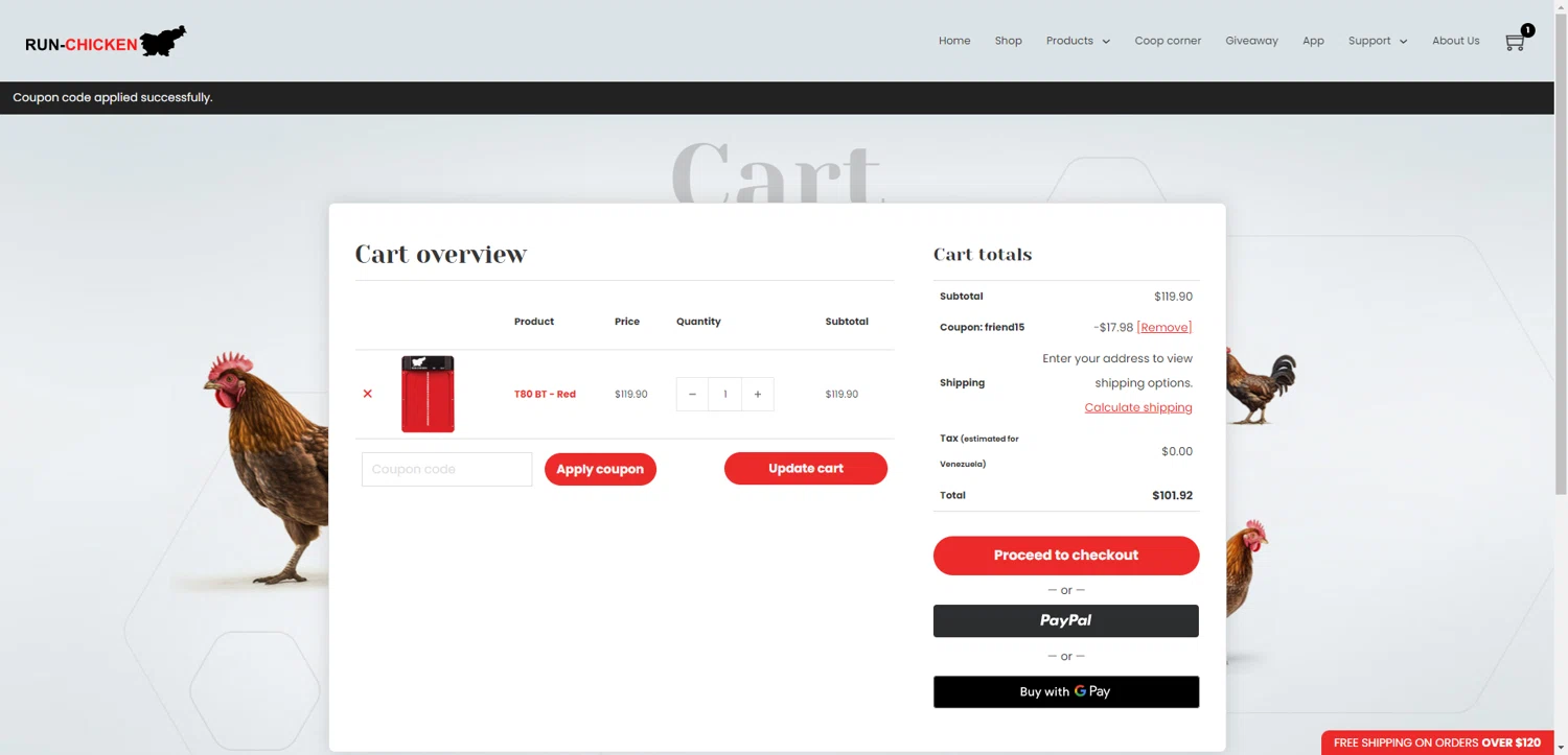 RUN-CHICKEN promo code screenshot showing code FRIEND15 applied at RUN-CHICKEN checkout page. Uploaded by SimplyCodes community member SilverPioneer1110 on Jun 25, 2025