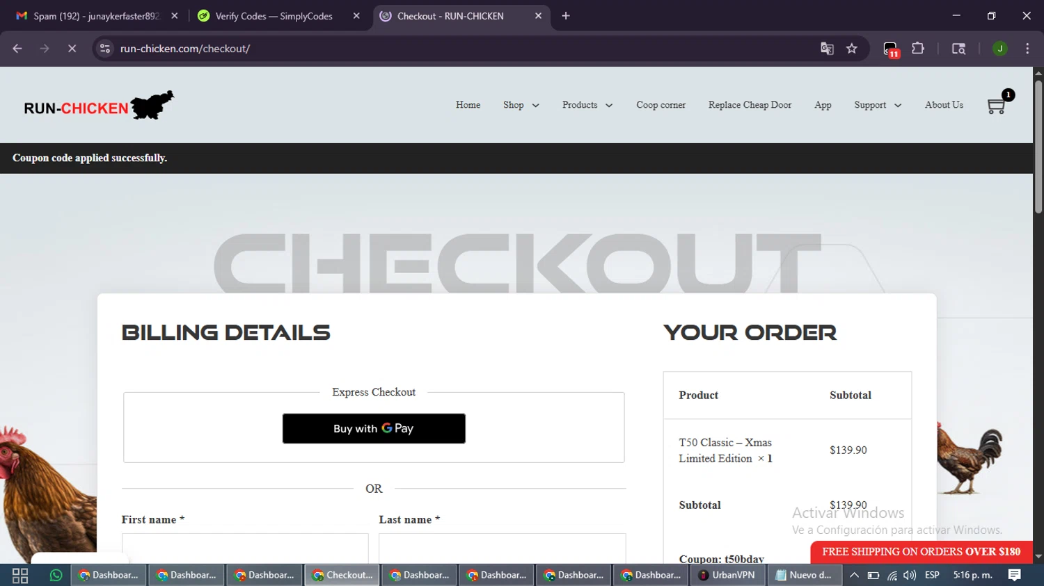 RUN-CHICKEN checkout page showing RUN-CHICKEN promo code box | Screenshot taken by SimplyCodes community member on Jan 13, 2026