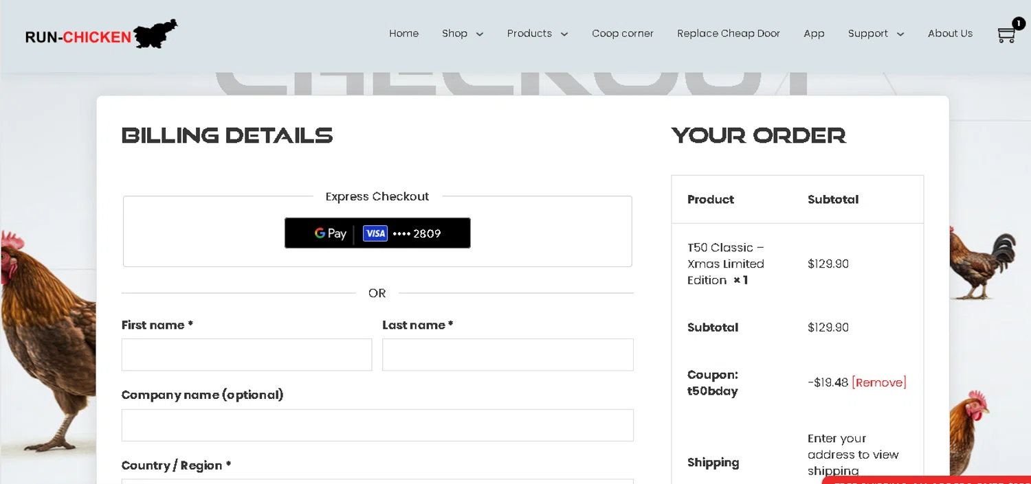 RUN-CHICKEN promo code screenshot showing code T50BDAY applied at RUN-CHICKEN checkout page. Uploaded by SimplyCodes community member shark12 on Dec 3, 2025