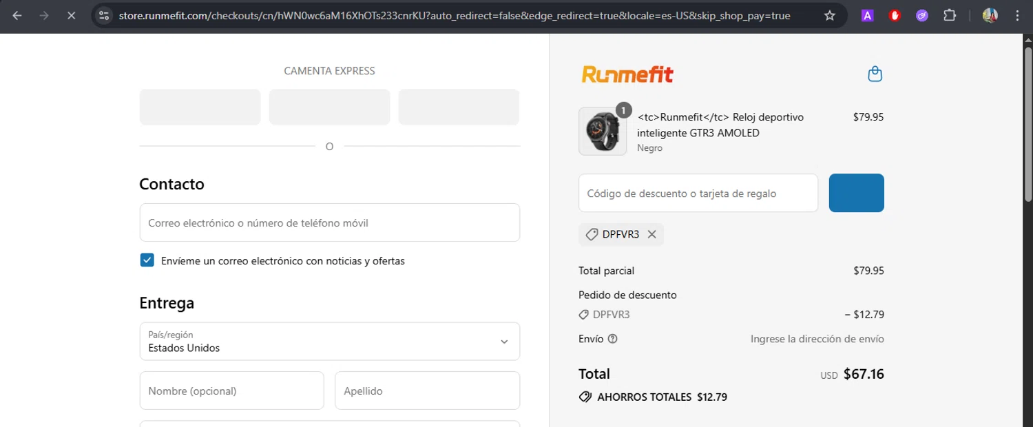 Runmefit promo code screenshot showing code DPFVR3 applied at Runmefit checkout page. Uploaded by SimplyCodes community member BrilliantFox7966 on Jul 23, 2025