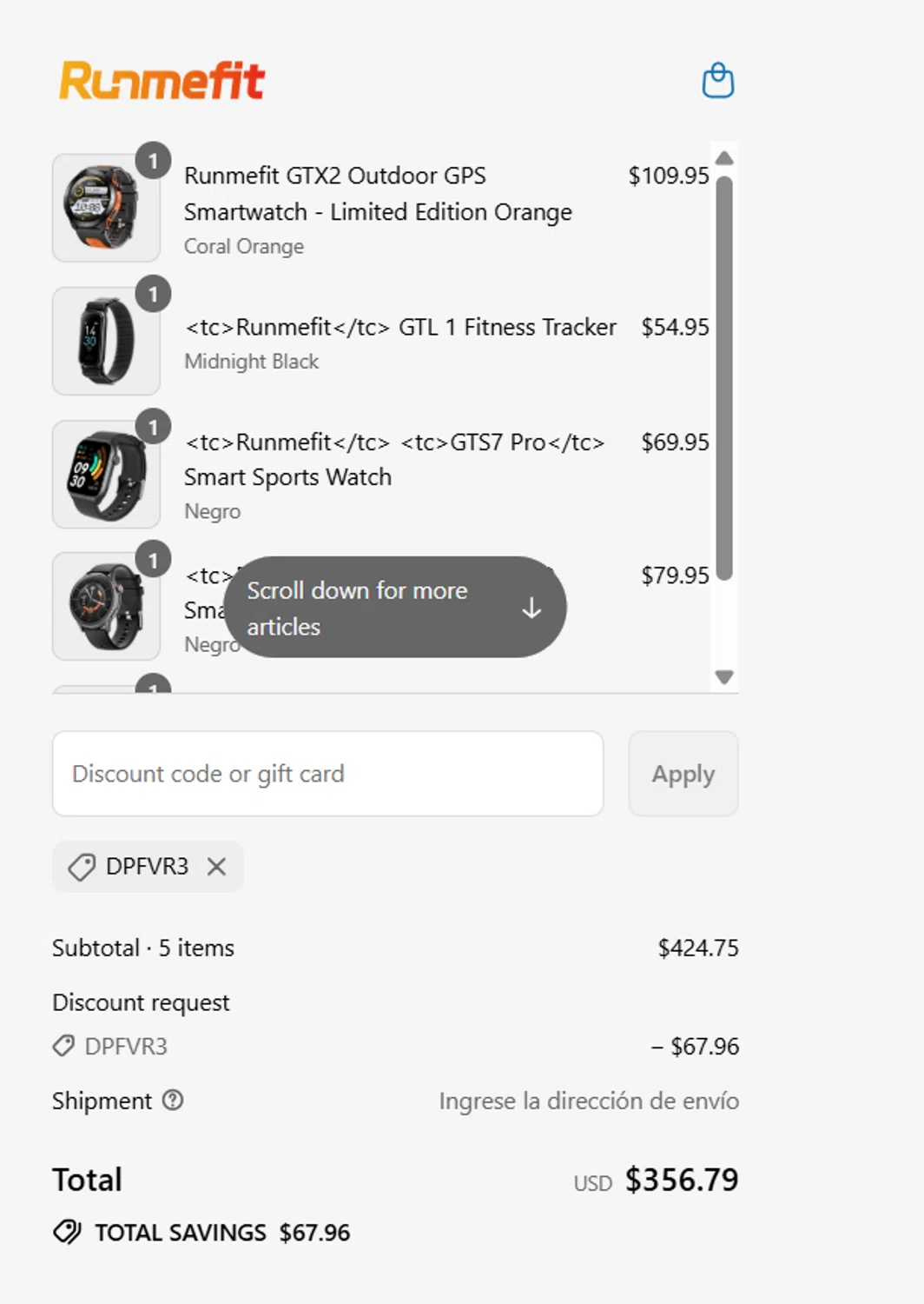 Runmefit promo code screenshot showing code DPFVR3 applied at Runmefit checkout page. Uploaded by SimplyCodes community member Gray_75 on Jul 18, 2025
