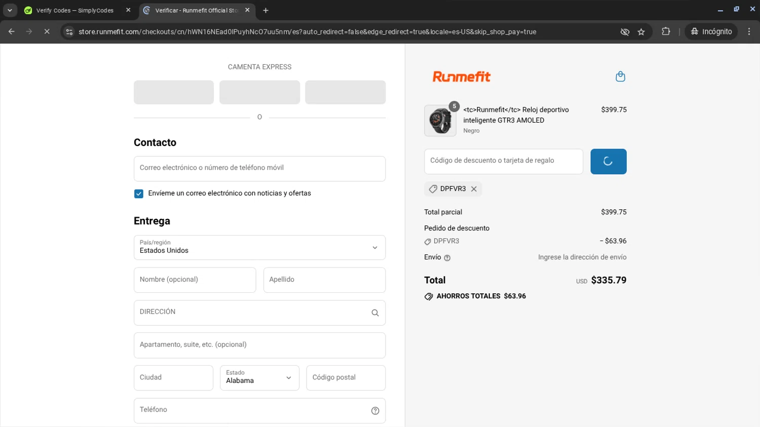 Runmefit promo code screenshot showing code DPFVR3 applied at Runmefit checkout page. Uploaded by SimplyCodes community member ThriftyWizard1508 on Jul 27, 2025