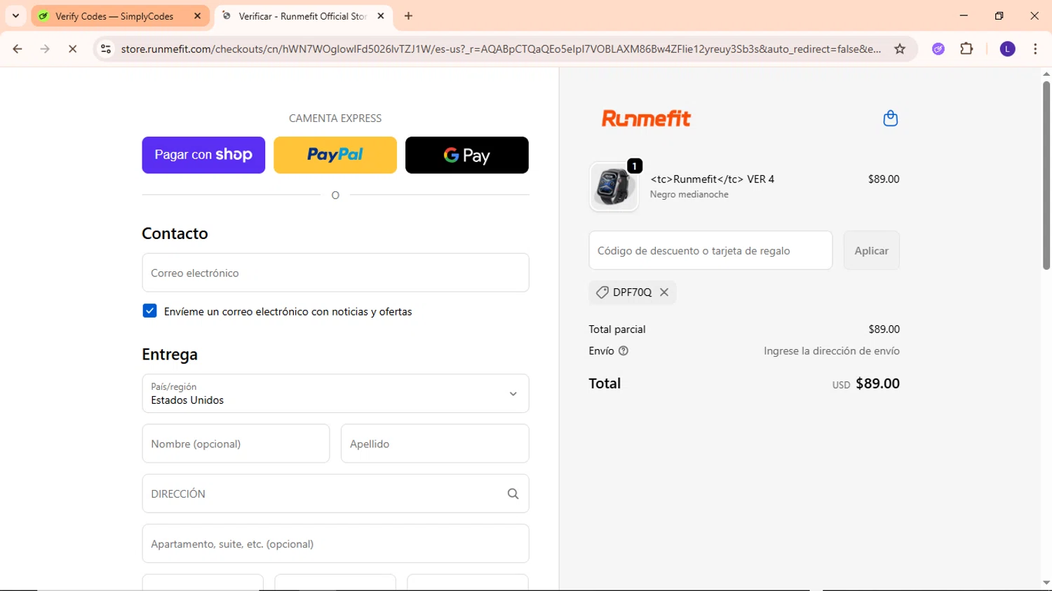 Runmefit promo code screenshot showing code DPF70Q applied at Runmefit checkout page. Uploaded by SimplyCodes community member EpicWarden3081 on Jan 12, 2026
