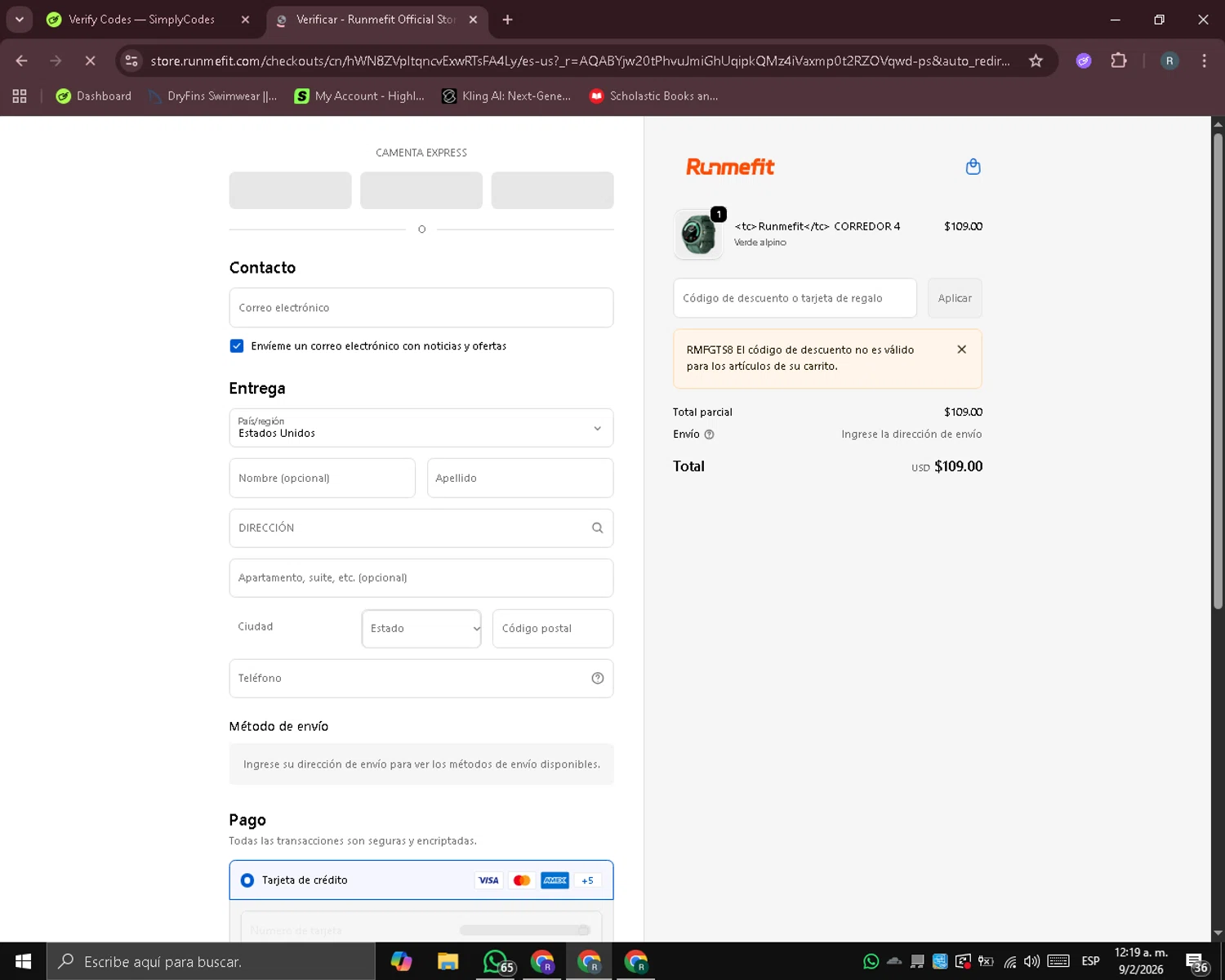 Runmefit checkout page showing Runmefit promo code box | Screenshot taken by SimplyCodes community member on Feb 9, 2026