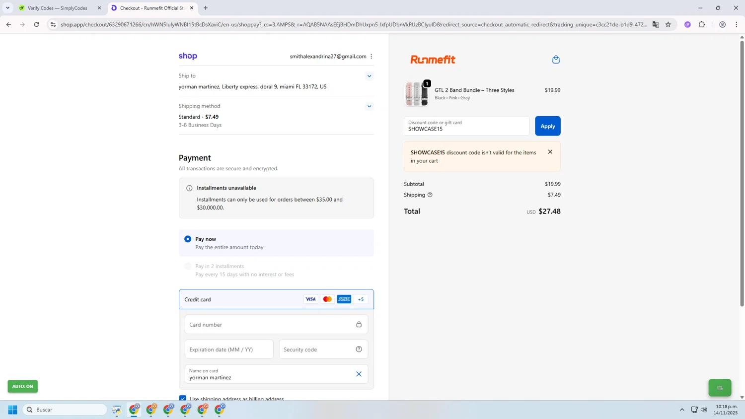 Runmefit promo code screenshot showing code SHOWCASE15 applied at Runmefit checkout page. Uploaded by SimplyCodes community member 000000ooooooooooo on Nov 15, 2025