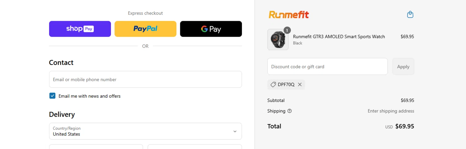 Runmefit promo code screenshot showing code DPF70Q applied at Runmefit checkout page. Uploaded by SimplyCodes community member ashe1986 on Jun 12, 2025