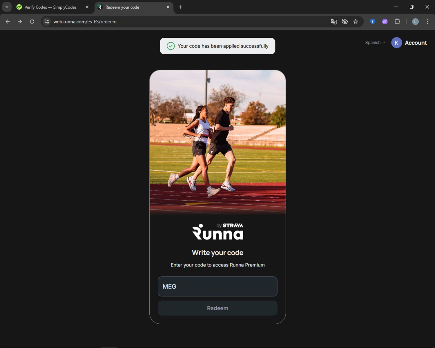 Runna discount code screenshot showing code MEG applied at Runna checkout page. Uploaded by SimplyCodes community member CashTracker4266 on Nov 17, 2025