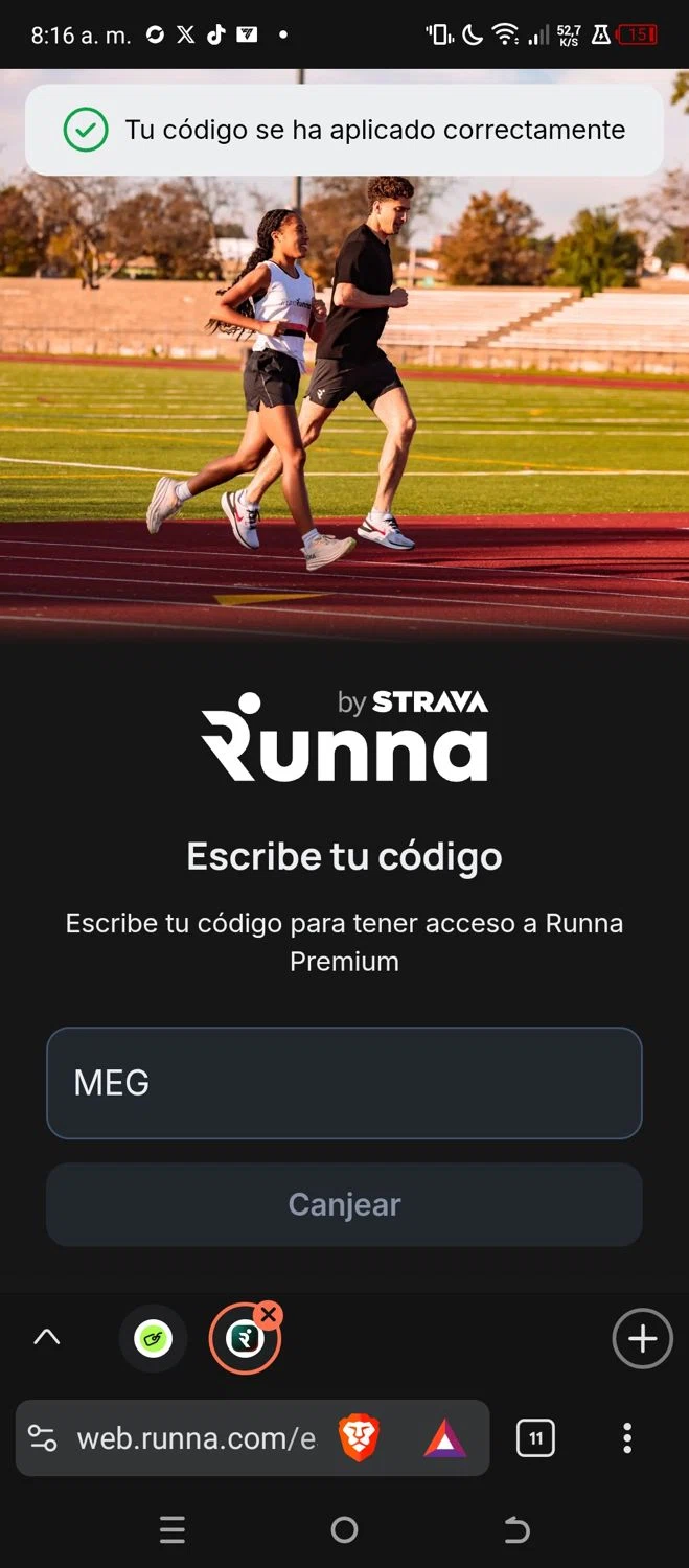 Runna discount code screenshot showing code MEG applied at Runna checkout page. Uploaded by SimplyCodes community member ShrewdFox4483 on Nov 17, 2025