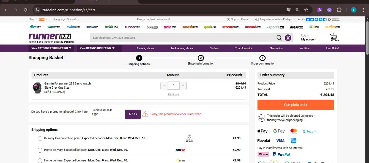 RunnerINN promo code screenshot showing code 15BF applied at RunnerINN checkout page. Uploaded by SimplyCodes community member ValiantChaser7723 on Dec 6, 2025
