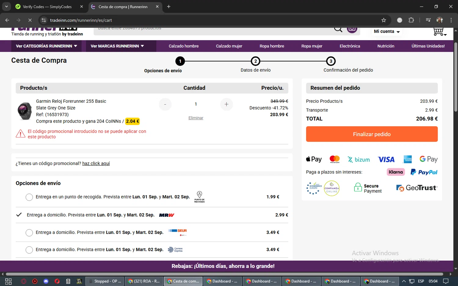 RunnerINN promo code screenshot showing code Wwcas10 applied at RunnerINN checkout page. Uploaded by SimplyCodes community member MessiLove on Aug 30, 2025