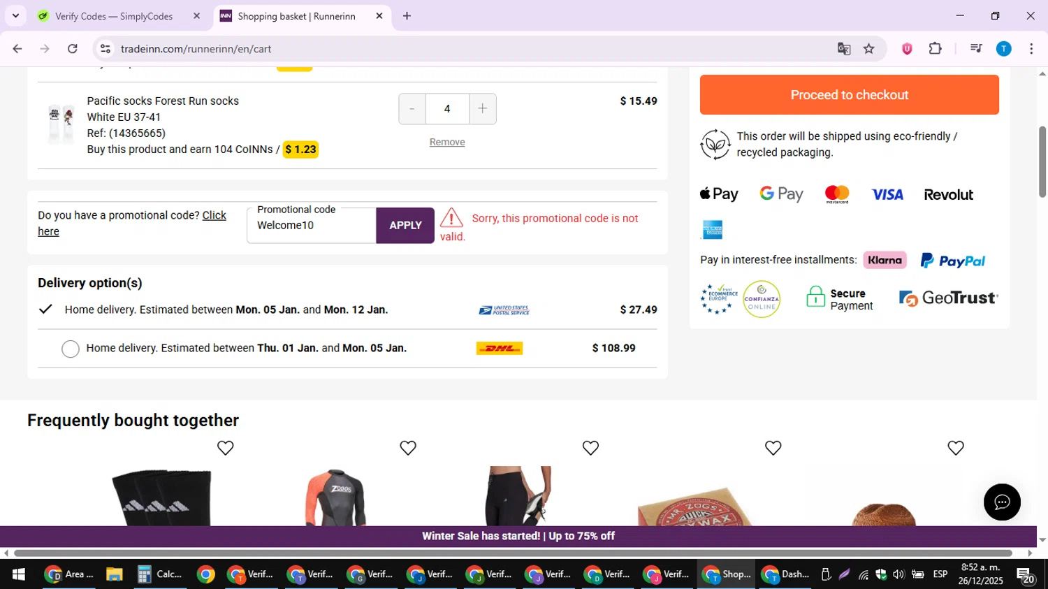 RunnerINN promo code screenshot showing code Wwcas10 applied at RunnerINN checkout page. Uploaded by SimplyCodes community member hankt1521 on Dec 26, 2025