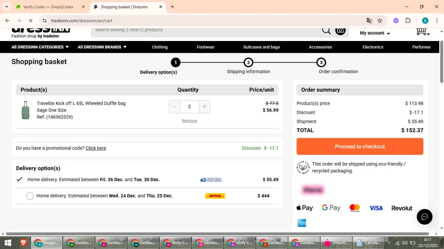 RunnerINN promo code screenshot showing code TRAV15 applied at RunnerINN checkout page. Uploaded by SimplyCodes community member QuestScholar5572 on Dec 22, 2025