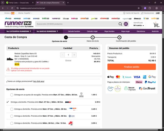 RunnerINN checkout page showing RunnerINN promo code box | Screenshot taken by SimplyCodes community member on Oct 5, 2025