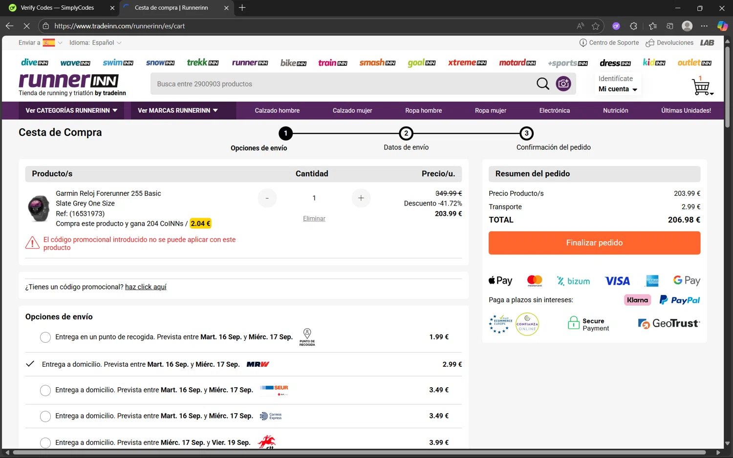 RunnerINN promo code screenshot showing code 10AMIX applied at RunnerINN checkout page. Uploaded by SimplyCodes community member frijolito on Sep 14, 2025