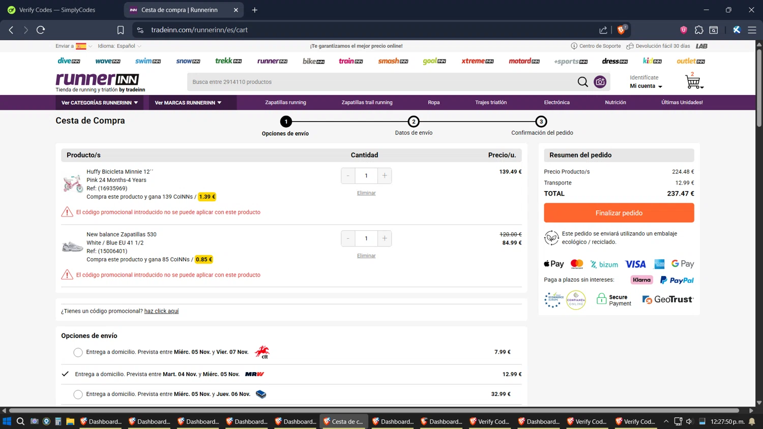 RunnerINN promo code screenshot showing code MOT10ARD applied at RunnerINN checkout page. Uploaded by SimplyCodes community member TreasureExpert3303 on Nov 1, 2025