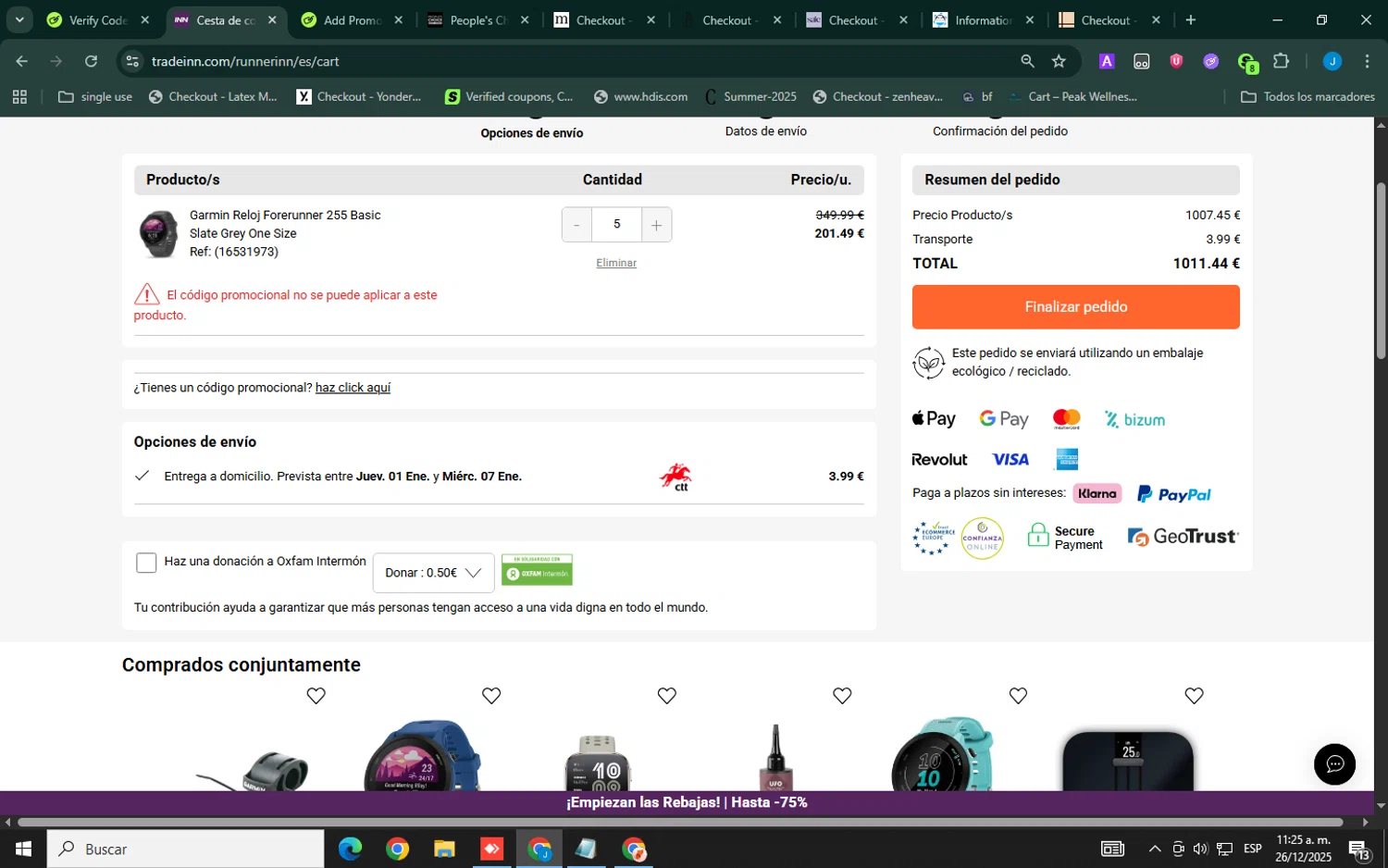 RunnerINN promo code screenshot showing code MOT10ARD applied at RunnerINN checkout page. Uploaded by SimplyCodes community member Xemocodes on Dec 26, 2025