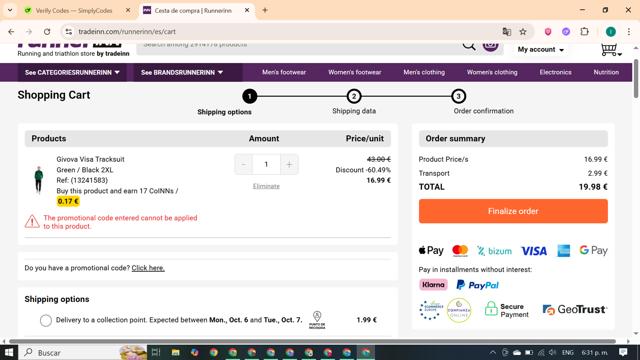 RunnerINN checkout page showing RunnerINN promo code box | Screenshot taken by SimplyCodes community member on Oct 3, 2025