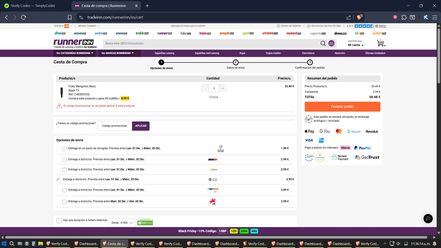 RunnerINN promo code screenshot showing code R15NN applied at RunnerINN checkout page. Uploaded by SimplyCodes community member Jgomez on Nov 30, 2025