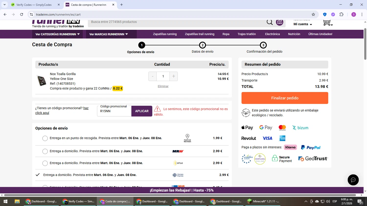 RunnerINN promo code screenshot showing code R15NN applied at RunnerINN checkout page. Uploaded by SimplyCodes community member Son_Goku on Jan 2, 2026