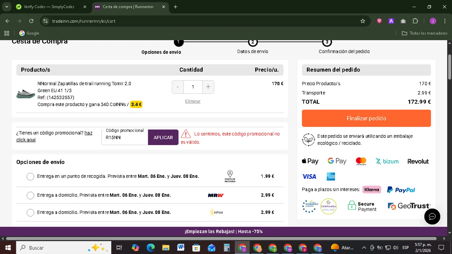 RunnerINN promo code screenshot showing code R15NN applied at RunnerINN checkout page. Uploaded by SimplyCodes community member Tazbravo on Jan 2, 2026