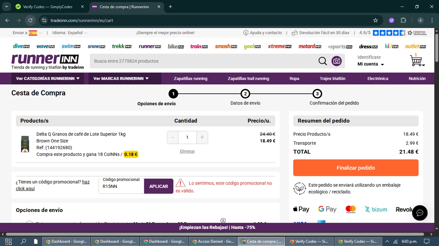 RunnerINN promo code screenshot showing code R15NN applied at RunnerINN checkout page. Uploaded by SimplyCodes community member ValueWhiz9480 on Jan 2, 2026