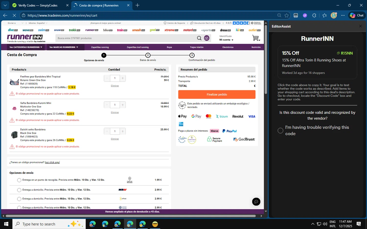 RunnerINN promo code screenshot showing code R15NN applied at RunnerINN checkout page. Uploaded by SimplyCodes community member jvllsk3 on Dec 7, 2025