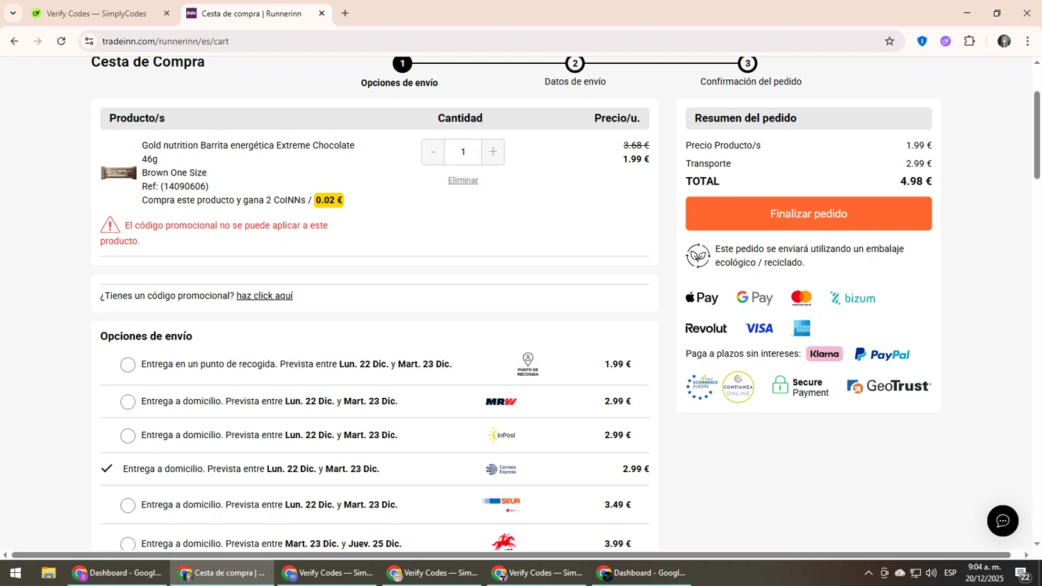 RunnerINN promo code screenshot showing code 10BK25 applied at RunnerINN checkout page. Uploaded by SimplyCodes community member CleverLynx6871 on Dec 20, 2025