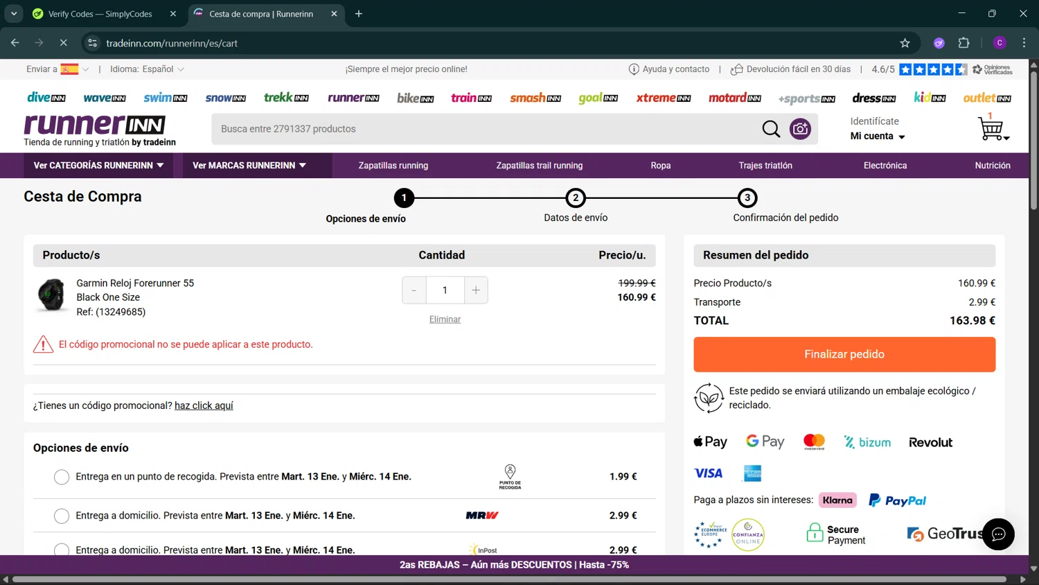 RunnerINN promo code screenshot showing code BLL15 applied at RunnerINN checkout page. Uploaded by SimplyCodes community member GoldSeeker3096 on Jan 10, 2026