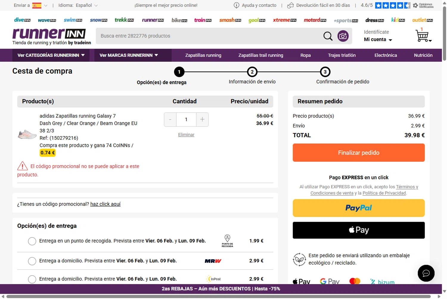 RunnerINN promo code screenshot showing code 10BK26 applied at RunnerINN checkout page. Uploaded by SimplyCodes community member Rossimar on Feb 5, 2026
