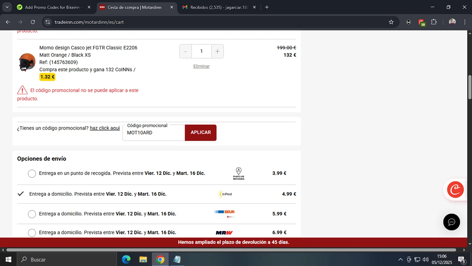 RunnerINN promo code screenshot showing code MOT10ARD applied at RunnerINN checkout page. Uploaded by SimplyCodes community member josegarcia6 on Dec 5, 2025