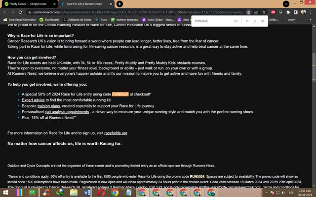 Runners Need checkout page showing Runners Need discount code box | Screenshot taken by SimplyCodes community member on Apr 8, 2024