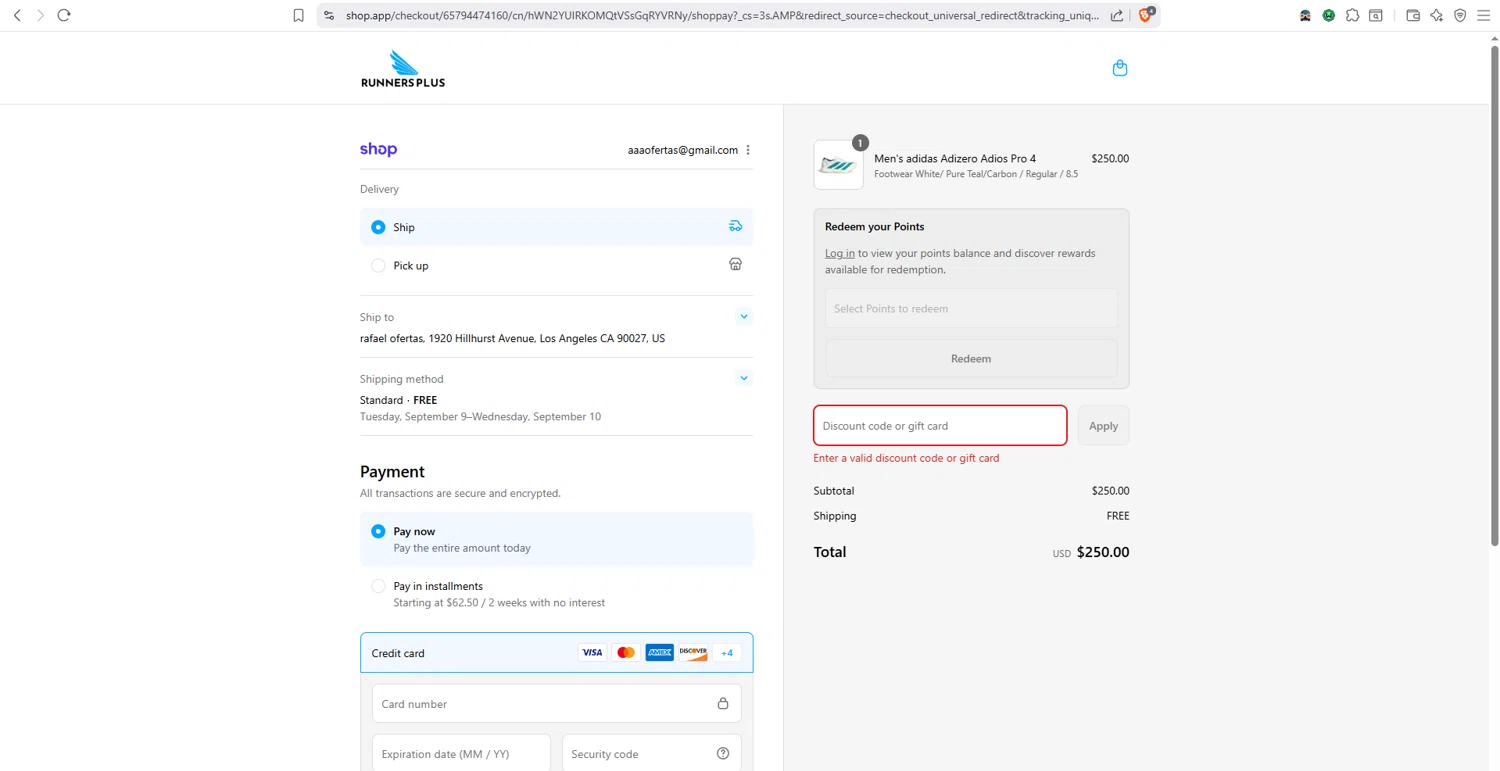 Runners Plus coupon code screenshot showing code ONLINE15 applied at Runners Plus checkout page. Uploaded by SimplyCodes community member dayselis15 on Sep 3, 2025