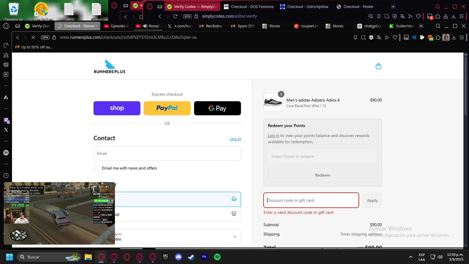 Runners Plus coupon code screenshot showing code ONLINE15 applied at Runners Plus checkout page. Uploaded by SimplyCodes community member kurcovein on Sep 3, 2025