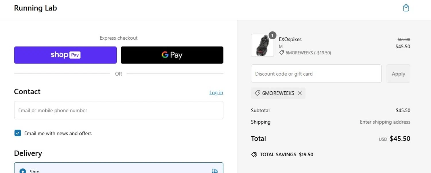 Running Lab checkout page showing Running Lab discount code box | Screenshot taken by SimplyCodes community member on Feb 4, 2025