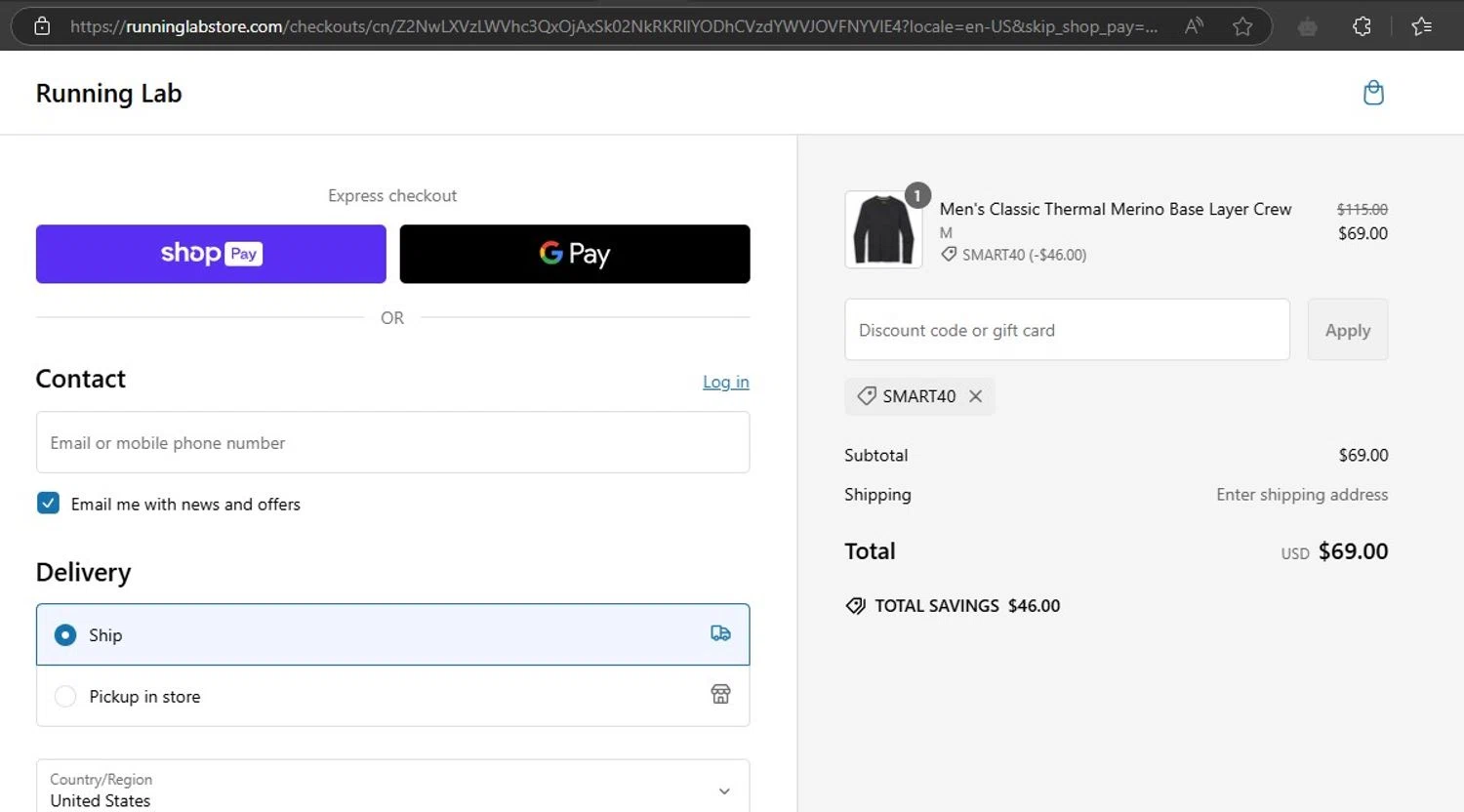 Running Lab discount code screenshot showing code SMART40 applied at Running Lab checkout page. Uploaded by SimplyCodes community member HonestVzla on Feb 16, 2025
