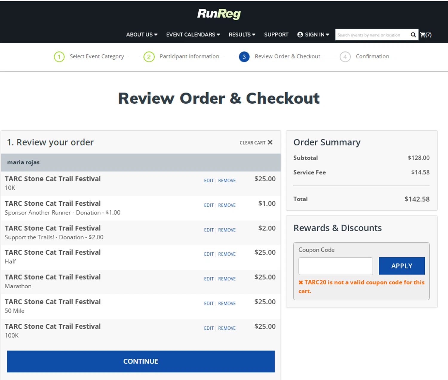 RunReg coupon code screenshot showing code TARC20 applied at RunReg checkout page. Uploaded by SimplyCodes community member mariafernanda on Mar 1, 2025