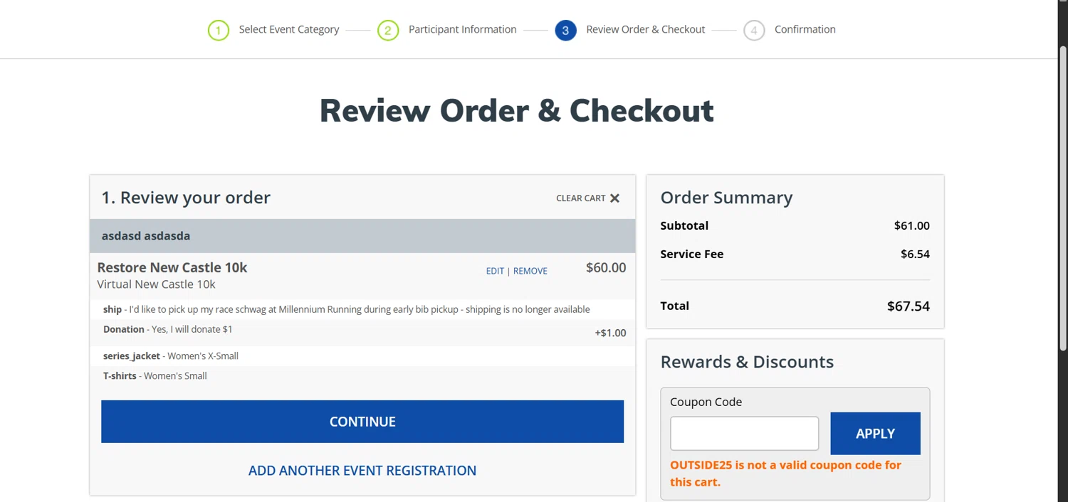 RunReg coupon code screenshot showing code OUTSIDE25 applied at RunReg checkout page. Uploaded by SimplyCodes community member ArizaJuan on Apr 11, 2025