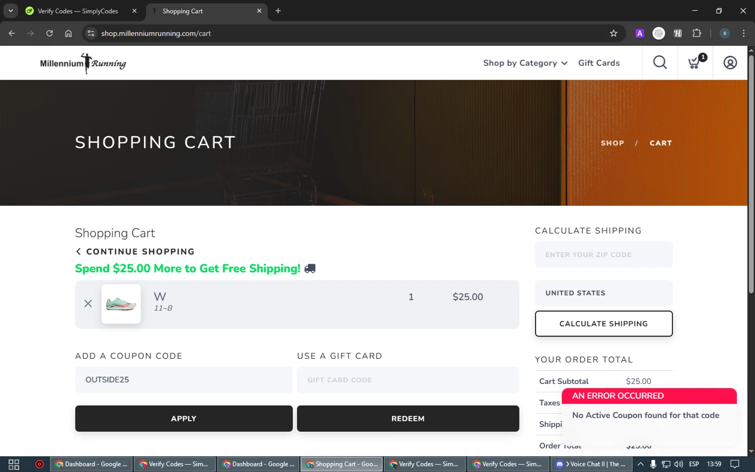 RunReg coupon code screenshot showing code OUTSIDE25 applied at RunReg checkout page. Uploaded by SimplyCodes community member PrimeMaven4654 on Apr 11, 2025