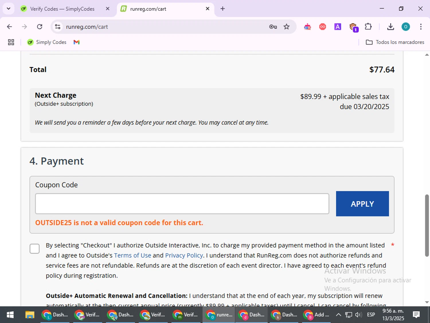 RunReg checkout page showing RunReg coupon code box | Screenshot taken by SimplyCodes community member on Mar 13, 2025