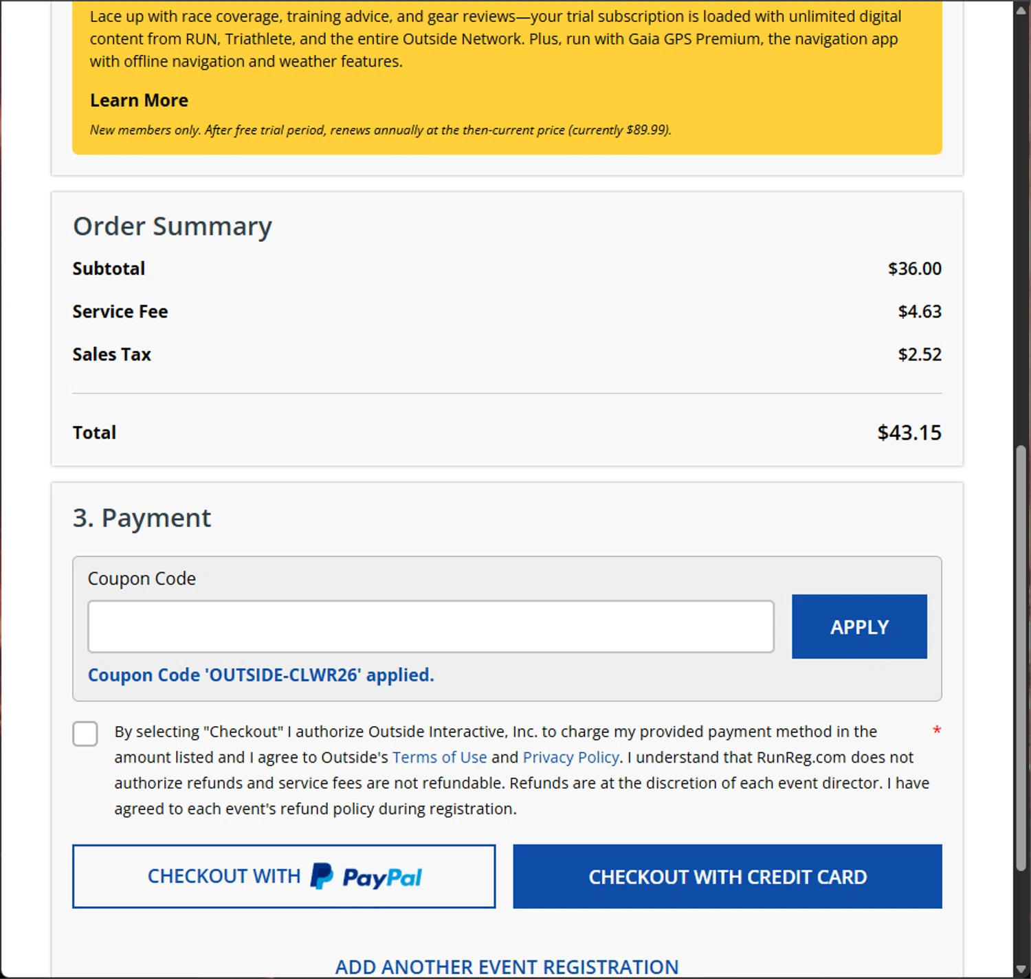 RunReg coupon code screenshot showing code OUTSIDE-CLWR26 applied at RunReg checkout page. Uploaded by SimplyCodes community member PillarsofCreation on Aug 14, 2025