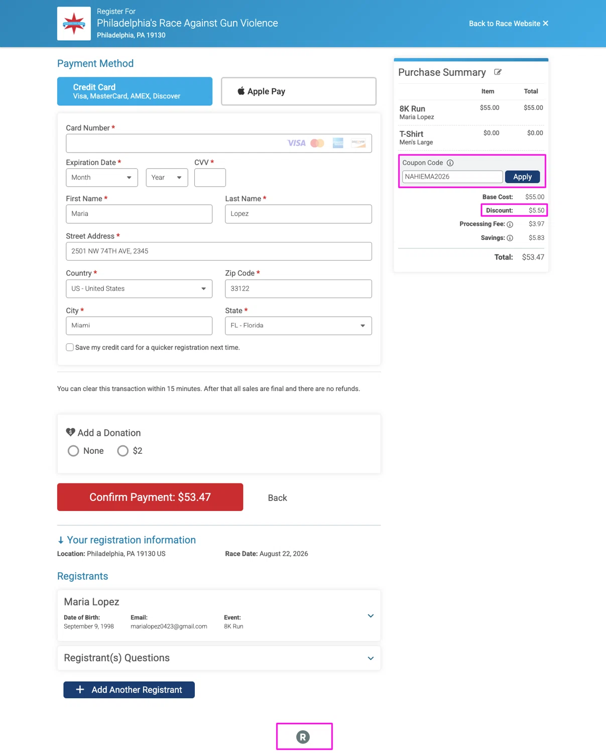 RunSignUp promo code screenshot showing code NAHIEMA2026 applied at RunSignUp checkout page. Uploaded by SimplyCodes community member chandlerbing on Jun 11, 2026