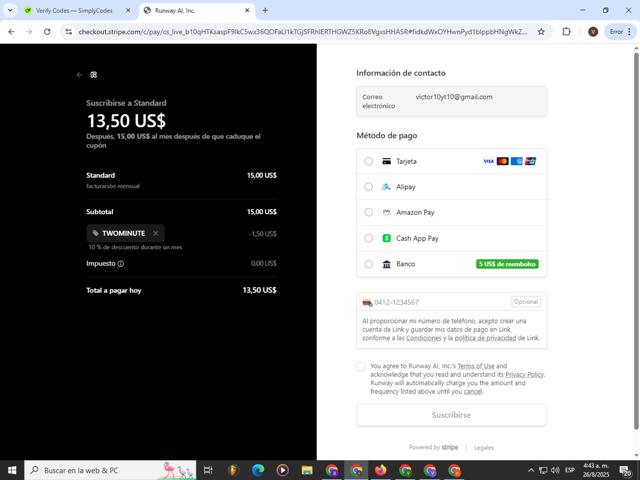 Runway AI checkout page showing Runway AI promo code box | Screenshot taken by SimplyCodes community member on Aug 26, 2025