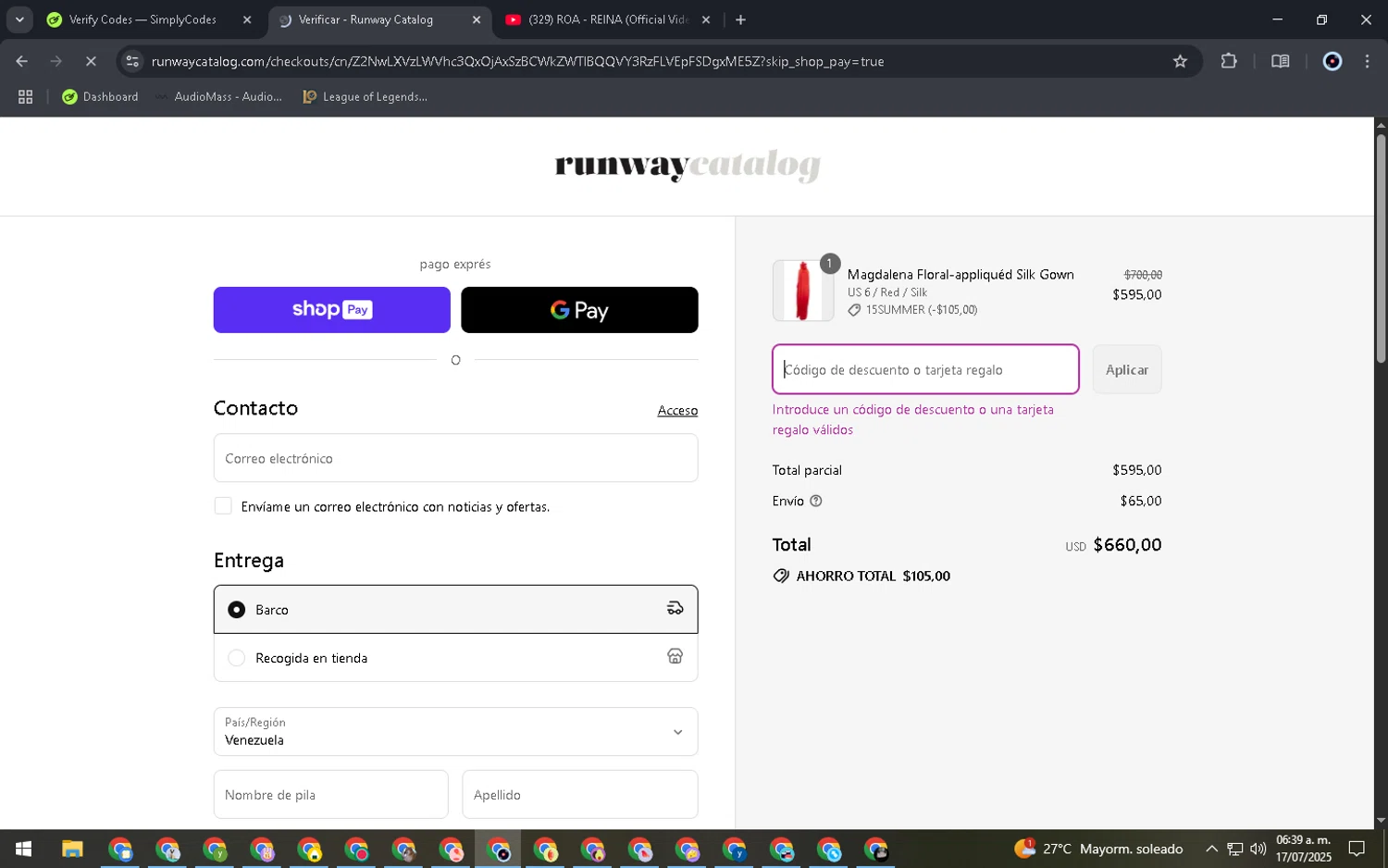 Runway Catalog promo code screenshot showing code RVWN7CW9 applied at Runway Catalog checkout page. Uploaded by SimplyCodes community member EpicDefender8387 on Jul 17, 2025