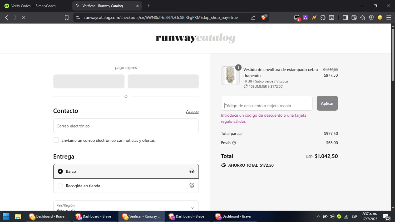 Runway Catalog promo code screenshot showing code RVWN7CW9 applied at Runway Catalog checkout page. Uploaded by SimplyCodes community member PromoScout8746 on Jul 17, 2025