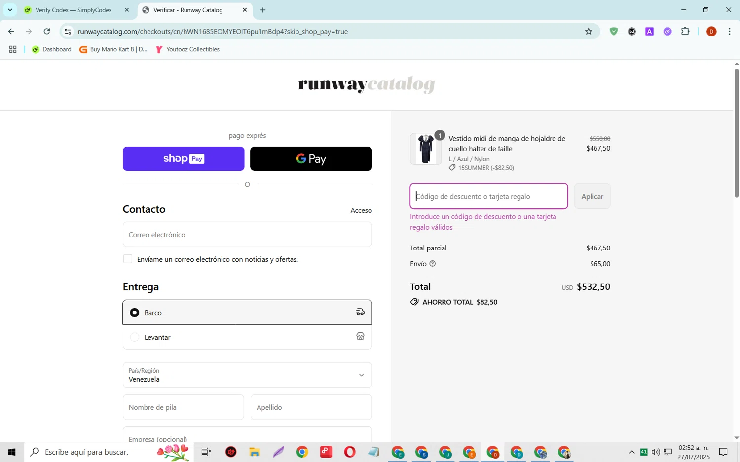 Runway Catalog promo code screenshot showing code 10SUMMER applied at Runway Catalog checkout page. Uploaded by SimplyCodes community member SaleSaver3540 on Jul 27, 2025