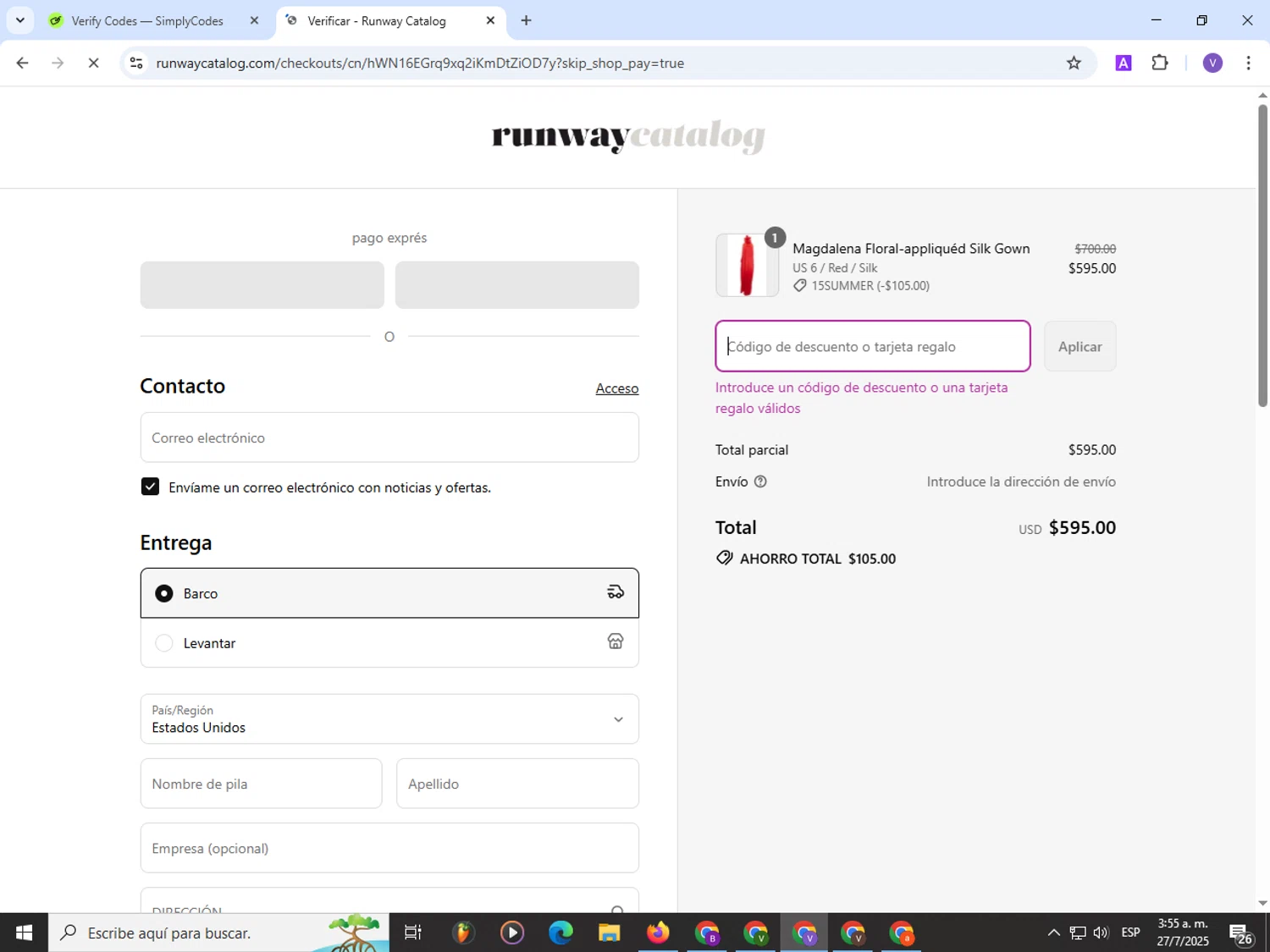 Runway Catalog promo code screenshot showing code 10SUMMER applied at Runway Catalog checkout page. Uploaded by SimplyCodes community member Satoru_gojo on Jul 27, 2025